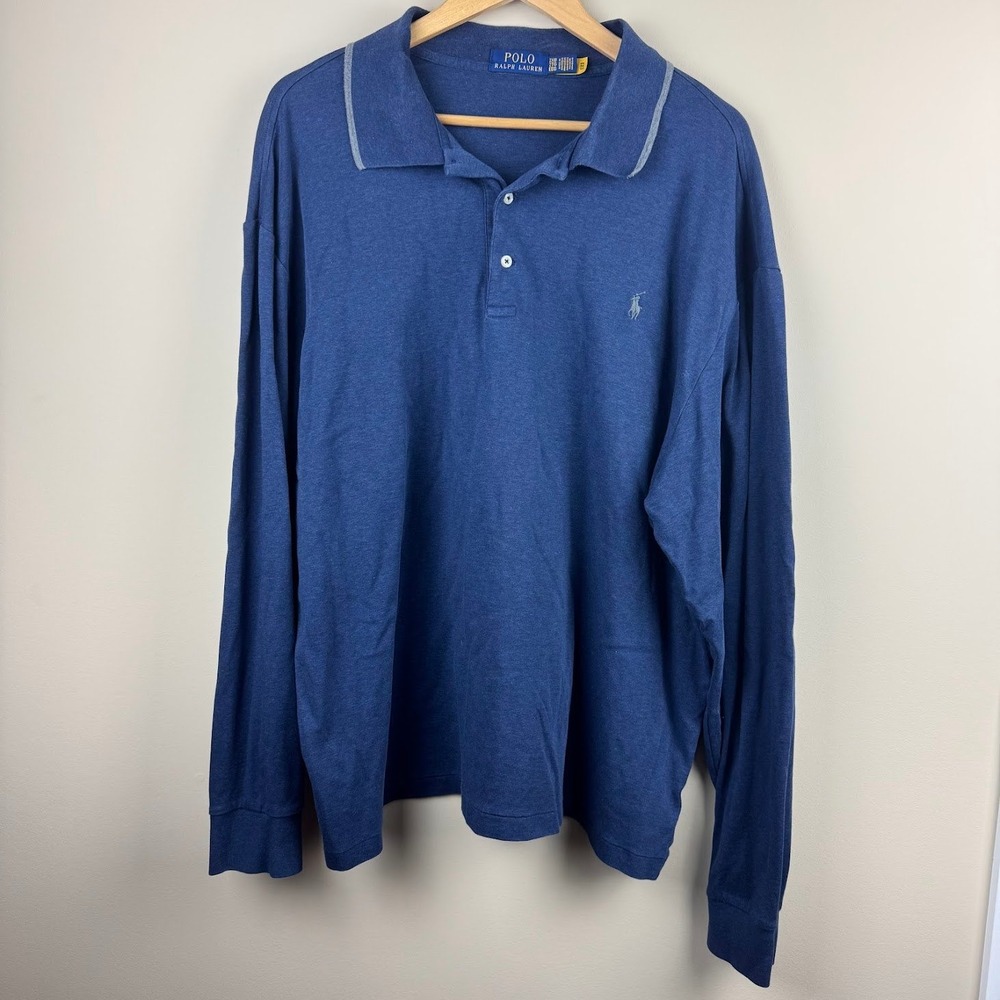 Polo Ralph‎ Lauren Mens 2XB Blue Long Sleeve Polo Shirt Heathered Grey Trim Pony